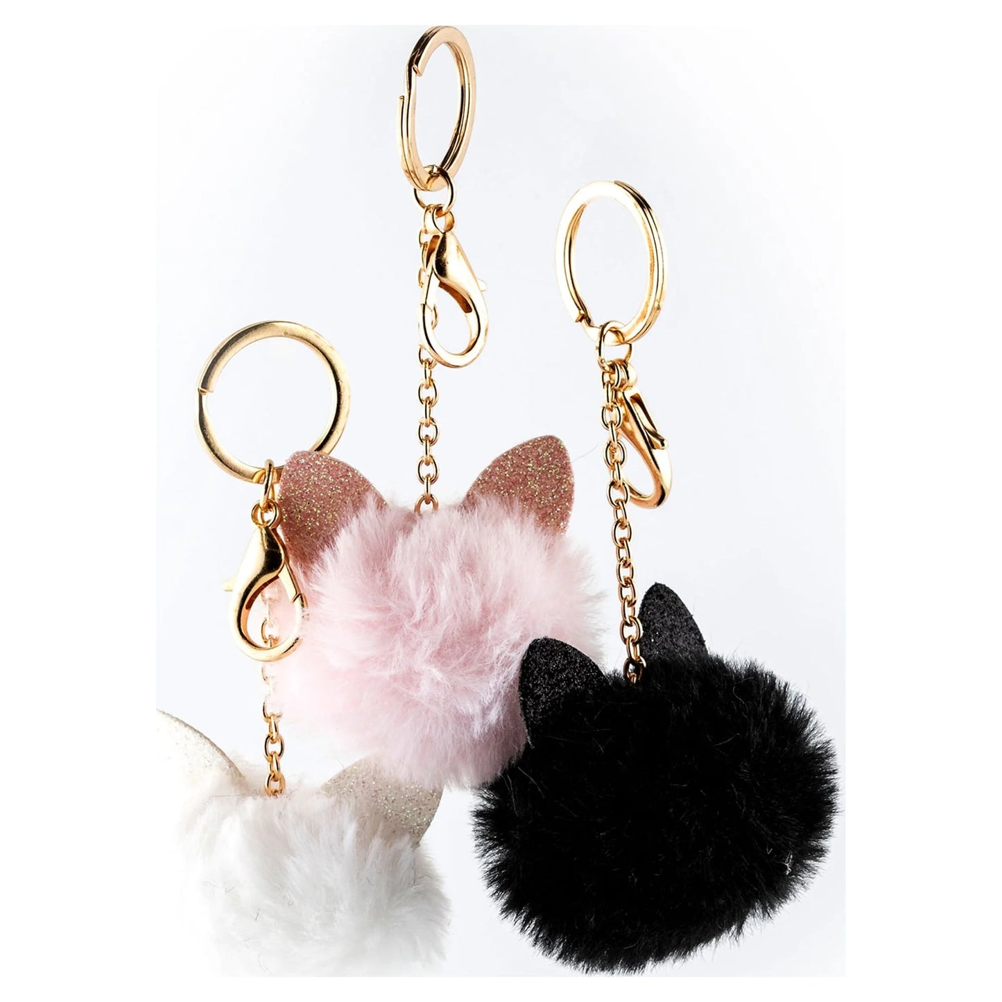 Teen Girls' Gold Pom Pom Cat Best Friend Keychains, Metal Keyring Set, 3 Pack, 93783