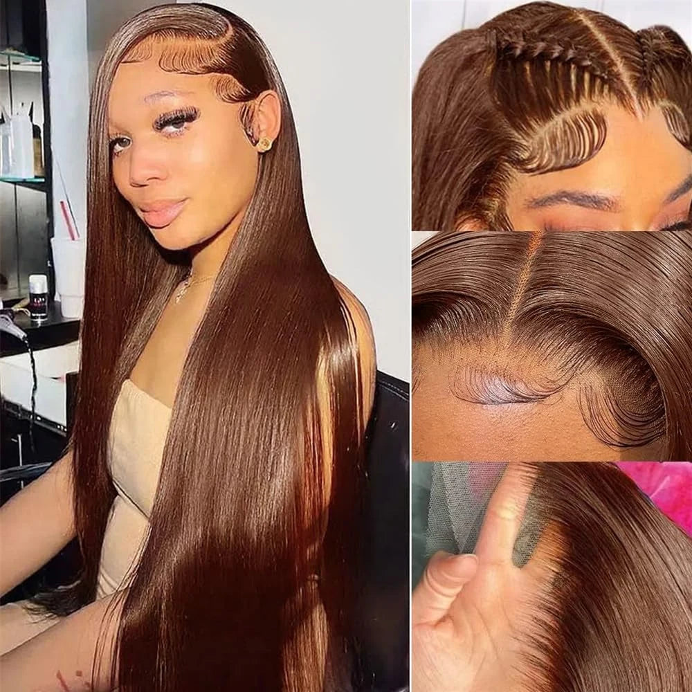 250 Density Chocolate Brown 30 Inch Bone Straight Lace Front Human Hair Wig Glueless Wig 13x6 Transparent HD Lace Frontal Wigs