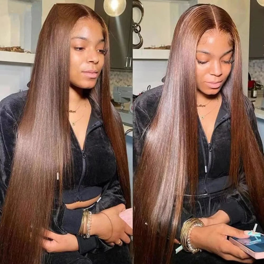 250 Density Chocolate Brown 30 Inch Bone Straight Lace Front Human Hair Wig Glueless Wig 13x6 Transparent HD Lace Frontal Wigs