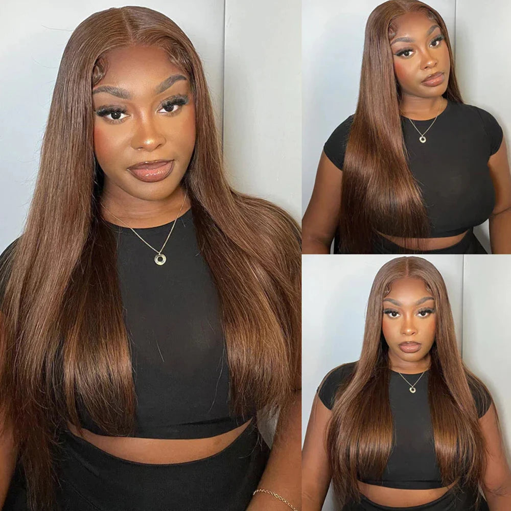 250 Density Chocolate Brown 30 Inch Bone Straight Lace Front Human Hair Wig Glueless Wig 13x6 Transparent HD Lace Frontal Wigs