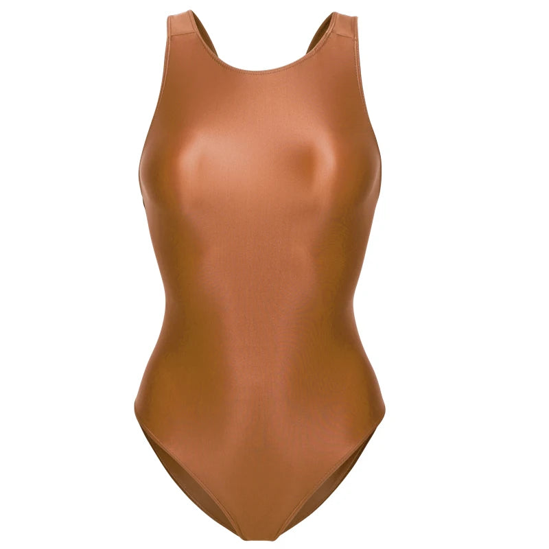 sexy women Tights Shiny one-piece swimsuit crotchless see through Oily Tight Backless plus size bathing suits High-Cut Bodysuit