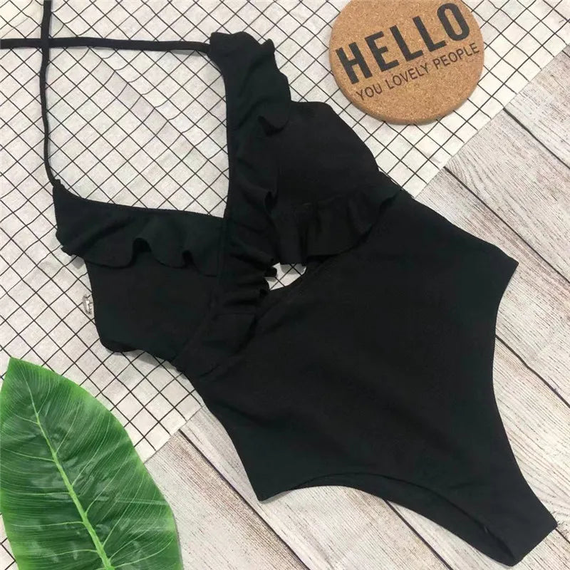 Sexy One-Piece Swimsuit Women Swimwear Push Up Monokini Ruffle Bathing Suit High Waist Beach Wear Yellow Swimsuit Fused Female