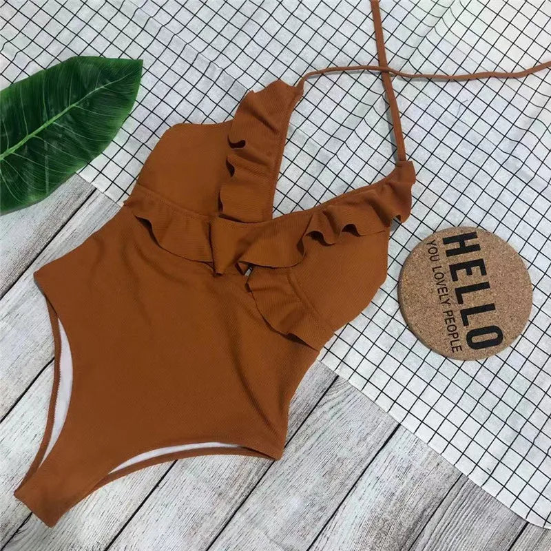 Sexy One-Piece Swimsuit Women Swimwear Push Up Monokini Ruffle Bathing Suit High Waist Beach Wear Yellow Swimsuit Fused Female