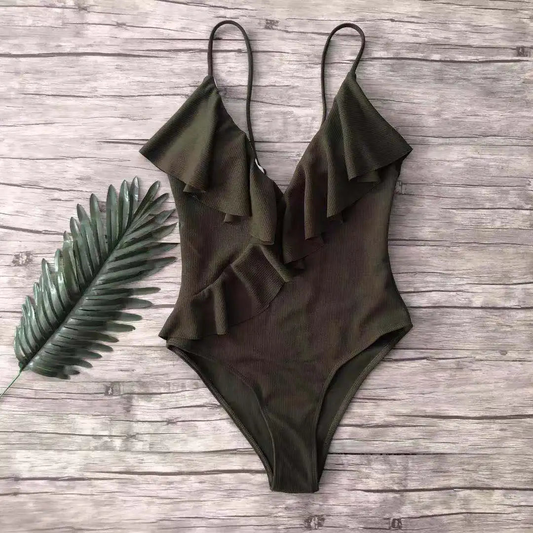 Sexy One-Piece Swimsuit Women Swimwear Push Up Monokini Ruffle Bathing Suit High Waist Beach Wear Yellow Swimsuit Fused Female