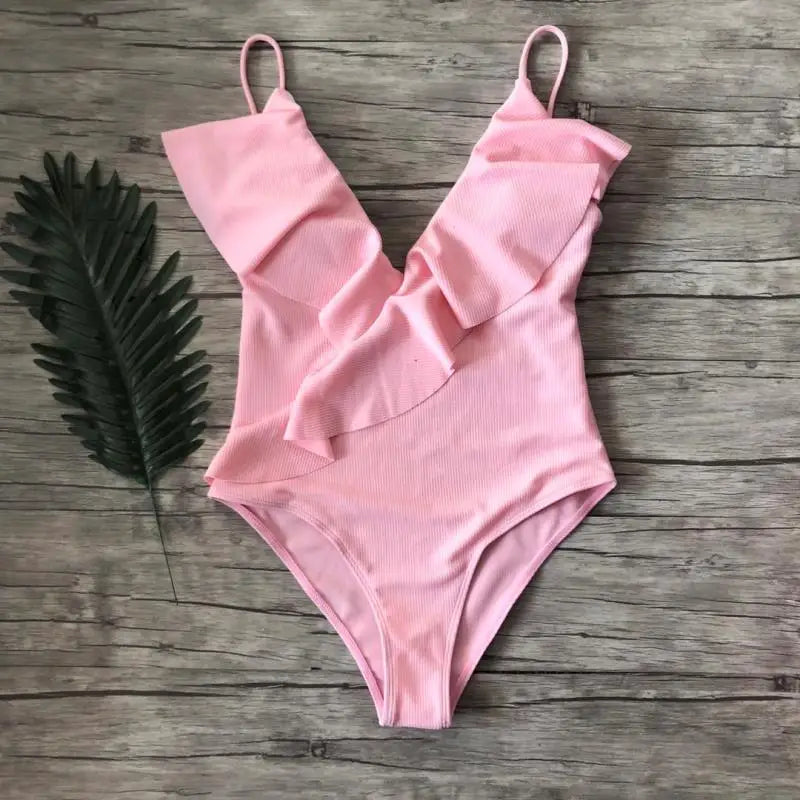 Sexy One-Piece Swimsuit Women Swimwear Push Up Monokini Ruffle Bathing Suit High Waist Beach Wear Yellow Swimsuit Fused Female