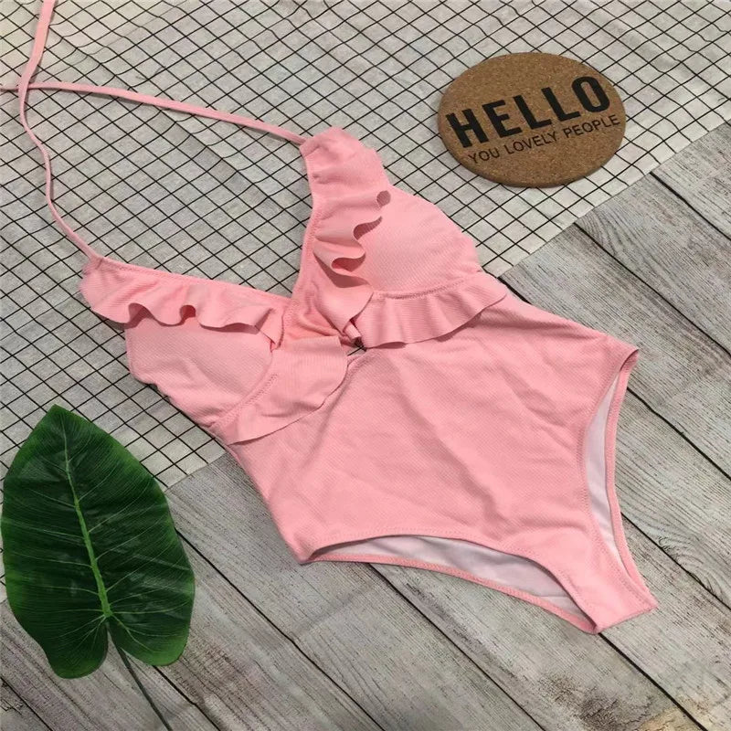 Sexy One-Piece Swimsuit Women Swimwear Push Up Monokini Ruffle Bathing Suit High Waist Beach Wear Yellow Swimsuit Fused Female