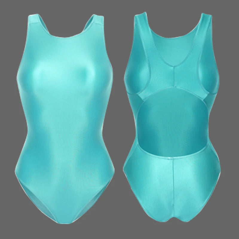 sexy women Tights Shiny one-piece swimsuit crotchless see through Oily Tight Backless plus size bathing suits High-Cut Bodysuit