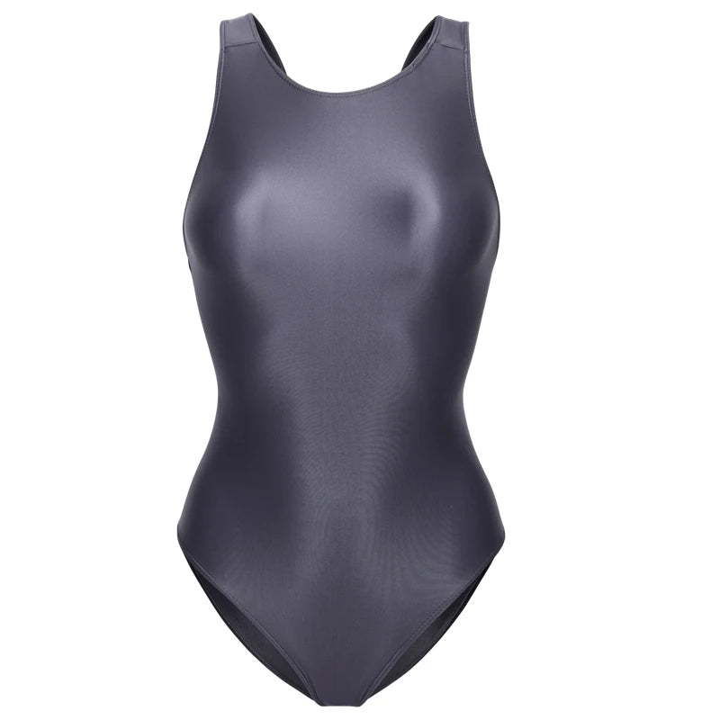 sexy women Tights Shiny one-piece swimsuit crotchless see through Oily Tight Backless plus size bathing suits High-Cut Bodysuit