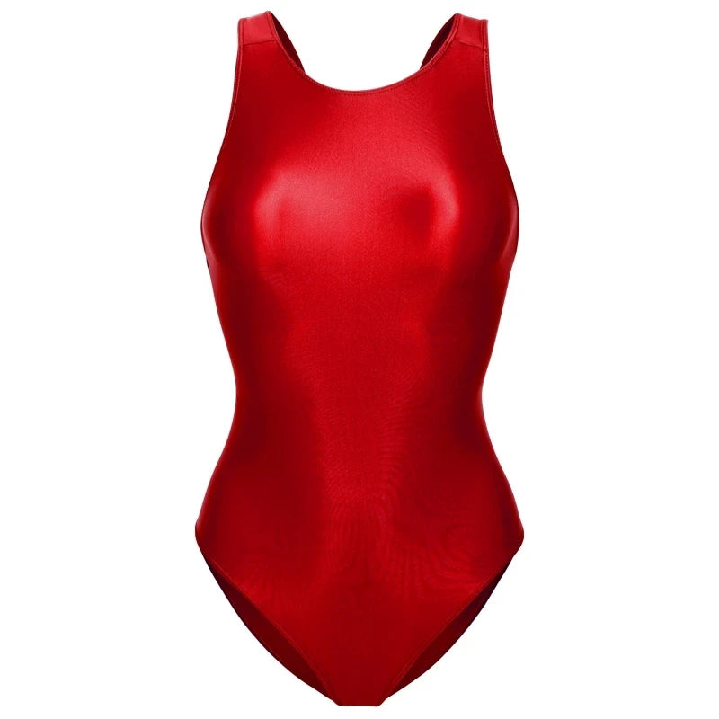 sexy women Tights Shiny one-piece swimsuit crotchless see through Oily Tight Backless plus size bathing suits High-Cut Bodysuit
