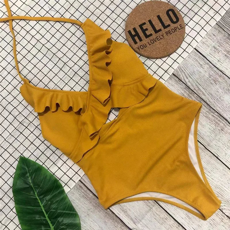 Sexy One-Piece Swimsuit Women Swimwear Push Up Monokini Ruffle Bathing Suit High Waist Beach Wear Yellow Swimsuit Fused Female