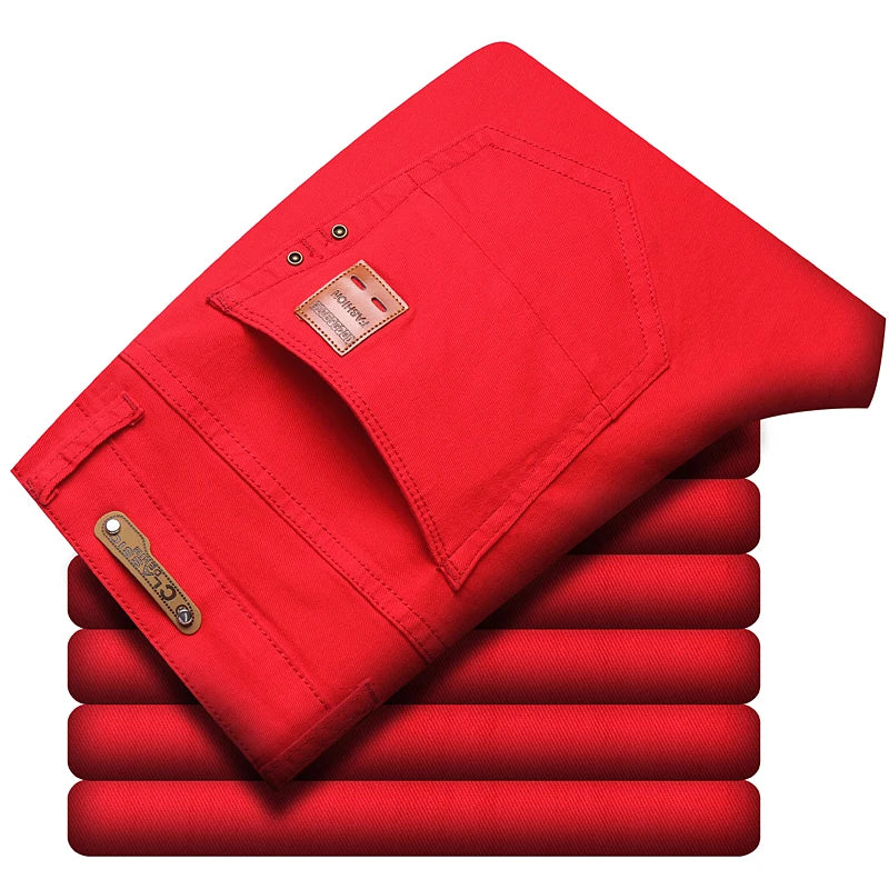 Fashion Straight Stretch Denim Pants Solid New Men's Slim Jeans Solid Yellow Red Green Blue Business Casual Classic Trousers