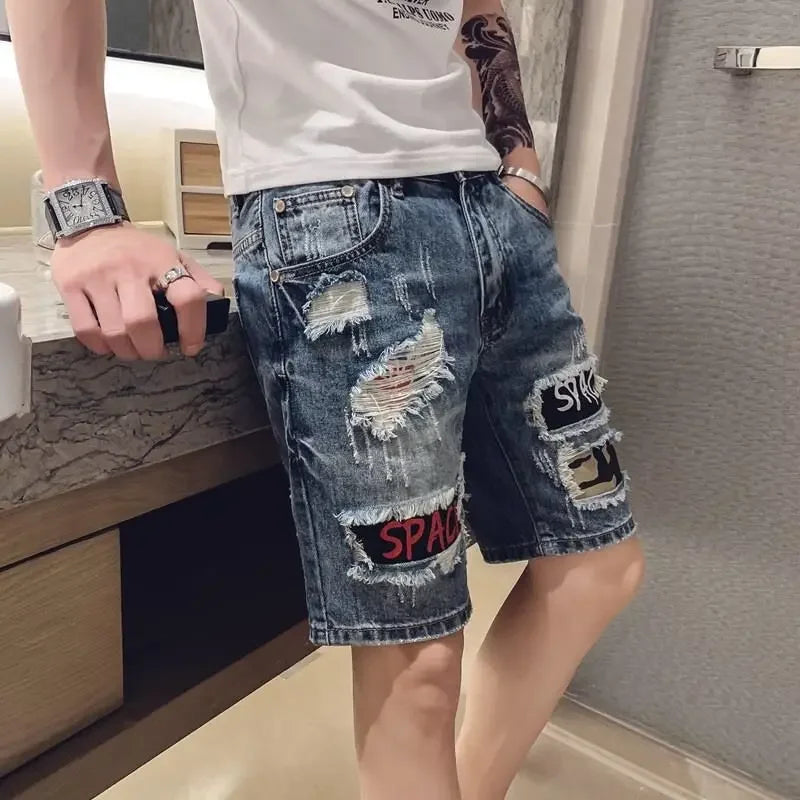 Man Denim Shorts with Text Straight Ripped Camouflage Short Jeans Pants for Men Original Thin Korean Fashion Cut Popular Summer