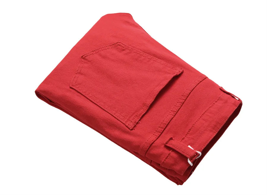 2025 New Men's Casual Jeans Trendy Red Hip Hop Holes Slim Denim Pants Ripped Trousers Versatile Stretch Distressed Pants Male