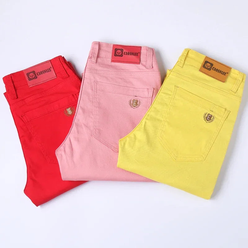 Men's Colorful Denim Stretch Comfortable Jeans New Elastic Yellow Pink Red Slim Male Clothing Simple Business Denim Trousers