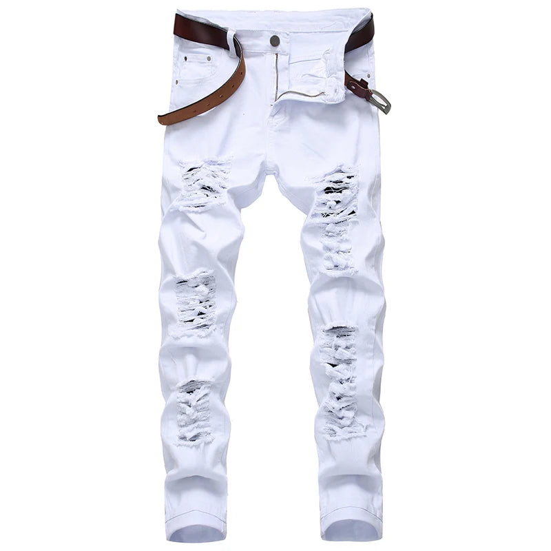 Jeans Straight Motorcycle Beggar Pants Large Size New European Hole White Red Black And American Men's Jeans Denim
