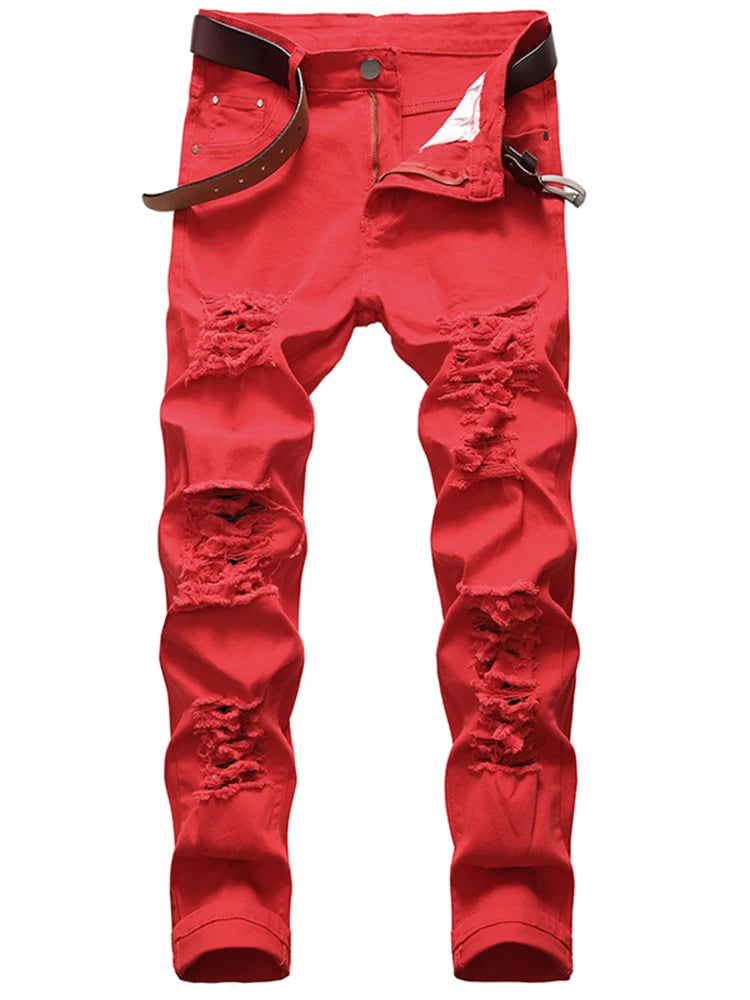 Jeans Straight Motorcycle Beggar Pants Large Size New European Hole White Red Black And American Men's Jeans Denim