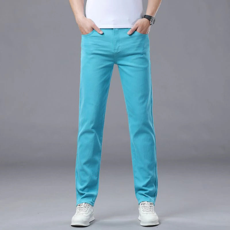 Men Classic Regular Fit Solid Color Jeans Male Business Fashion Denim Straight Leg Cotton Trousers Colorful Denim Pants