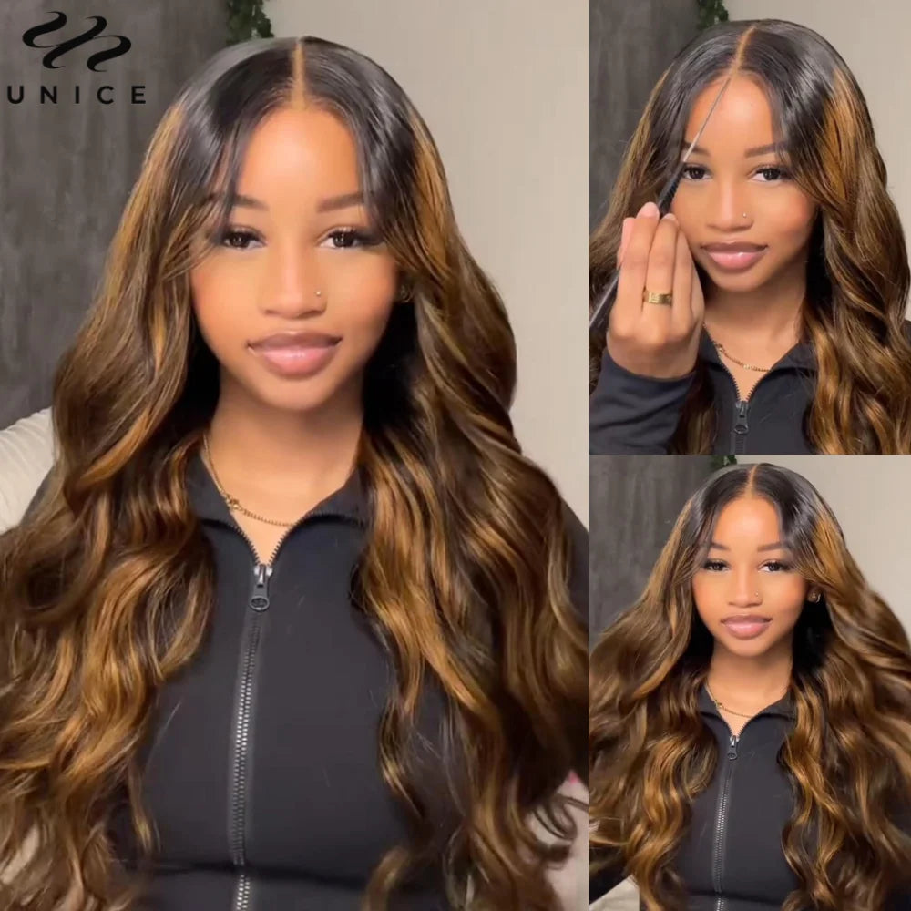 Unice Hair Balayage 3D Body Wave Wig Pre Cut Pre Bleached 7x5 13x4 Lace Frontal Human Hair Wig Pre Plucked Wear Go Glueless Wig