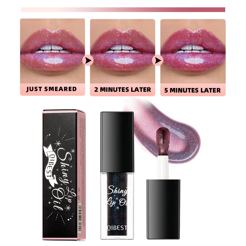 QIBEST Shimmer Lip Oil Black Color Changing Lipgloss Moisturizing Shiny Mirror Lip Gloss Oil Plumping Glitter Lip Makeup Tint