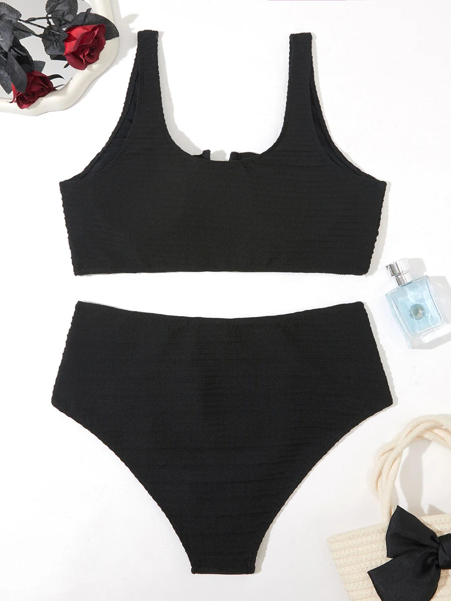 2025 Large Plus Size Solid V Neck Bikini Two Piece High Waist Swimsuit Women Swimwear Female Bathing Suit Beachwear Swimming