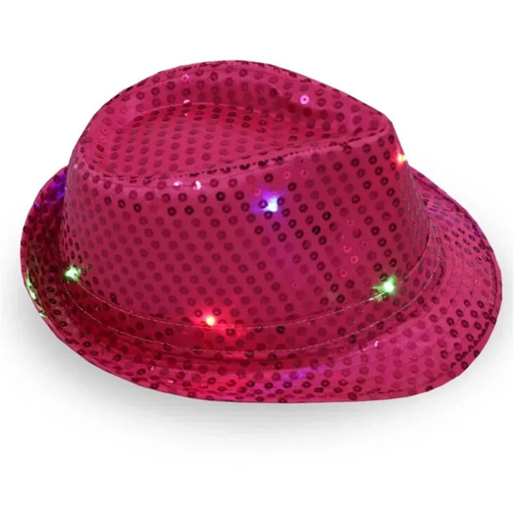 Woman Men Kids LED Light Up Sequin Fedora Jazz Hat Cap Gift Necktie Tie Neon Glow Party Bar Birthday Costume Wedding Festival