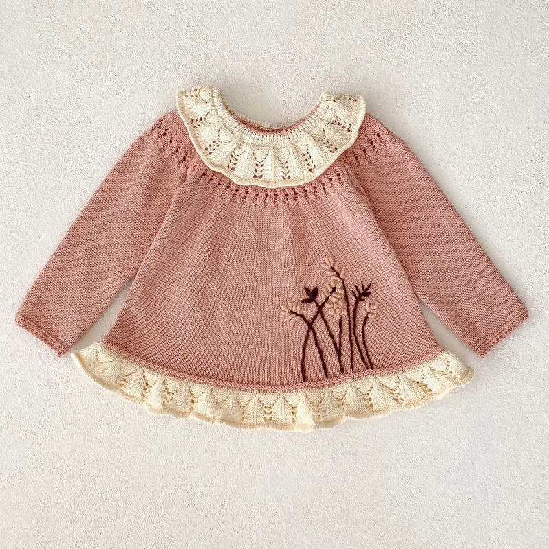 Autumn new outfit for 0-3 year old baby children's clothing, girl baby lotus leaf collar cute long sleeved knitted long top