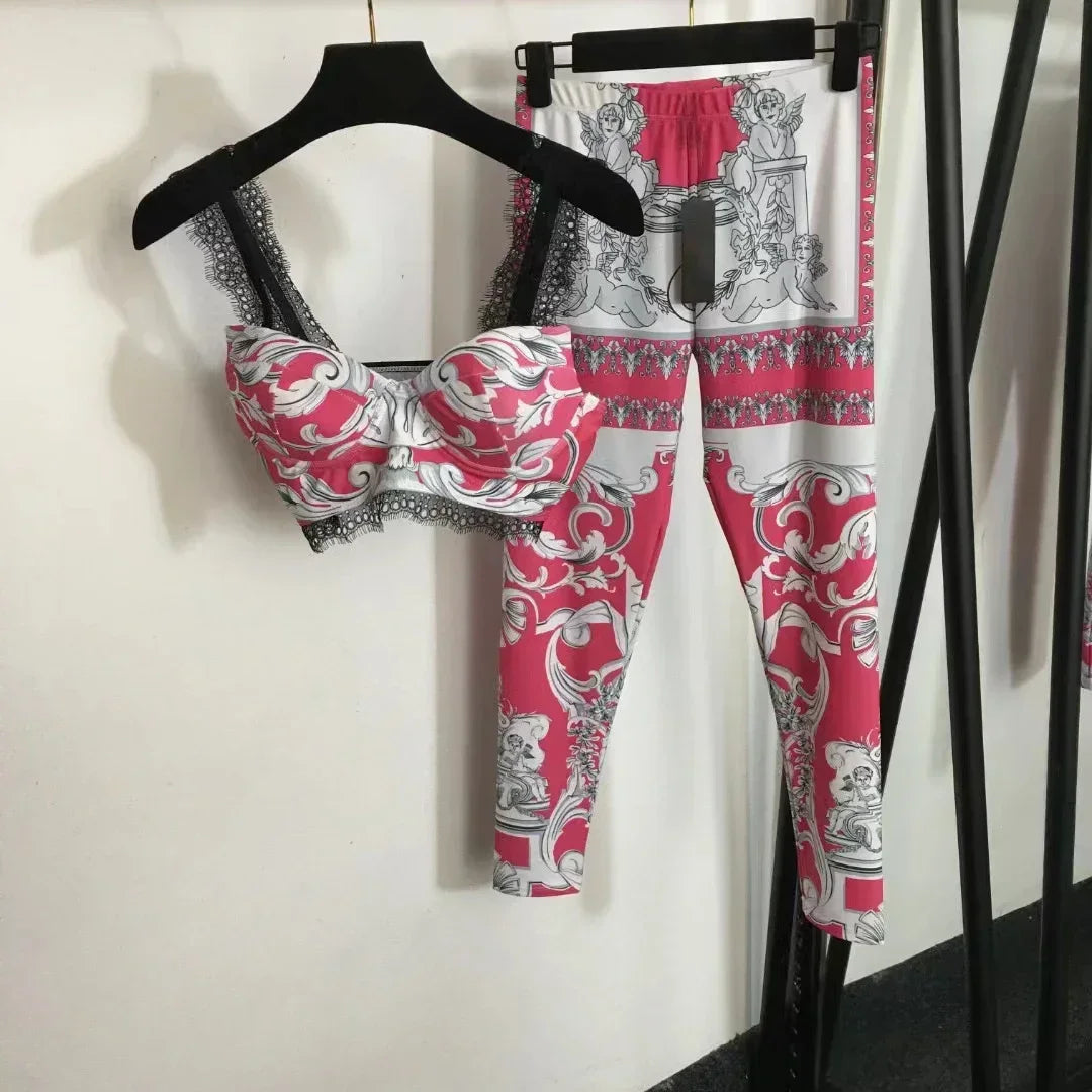 Luxury Design Women's Long Sleeved Swimsuit Sets White Retro Floral Print Yoga Sports Sets Fashion Brand Women's Body Suits