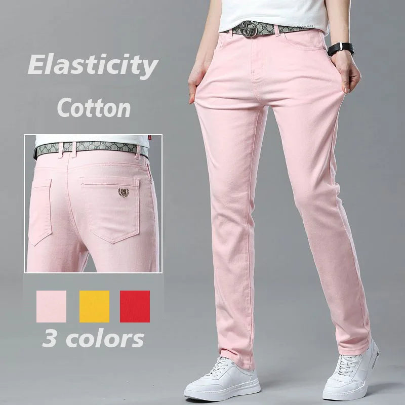 Men High Quality Pink Red Yellow Jeans Fashion Casual Classic Style Slim Fit Soft Trousers Male Brand Advanced Stretch Pants
