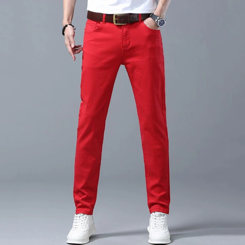 Men Classic Regular Fit Solid Color Jeans Male Business Fashion Denim Straight Leg Cotton Trousers Colorful Denim Pants