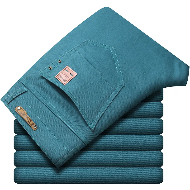 New Men's Denim Jeans Straight Stretch Pants Solid Color Fashion Business Casual Classic High Quality Red Yellow Blue White