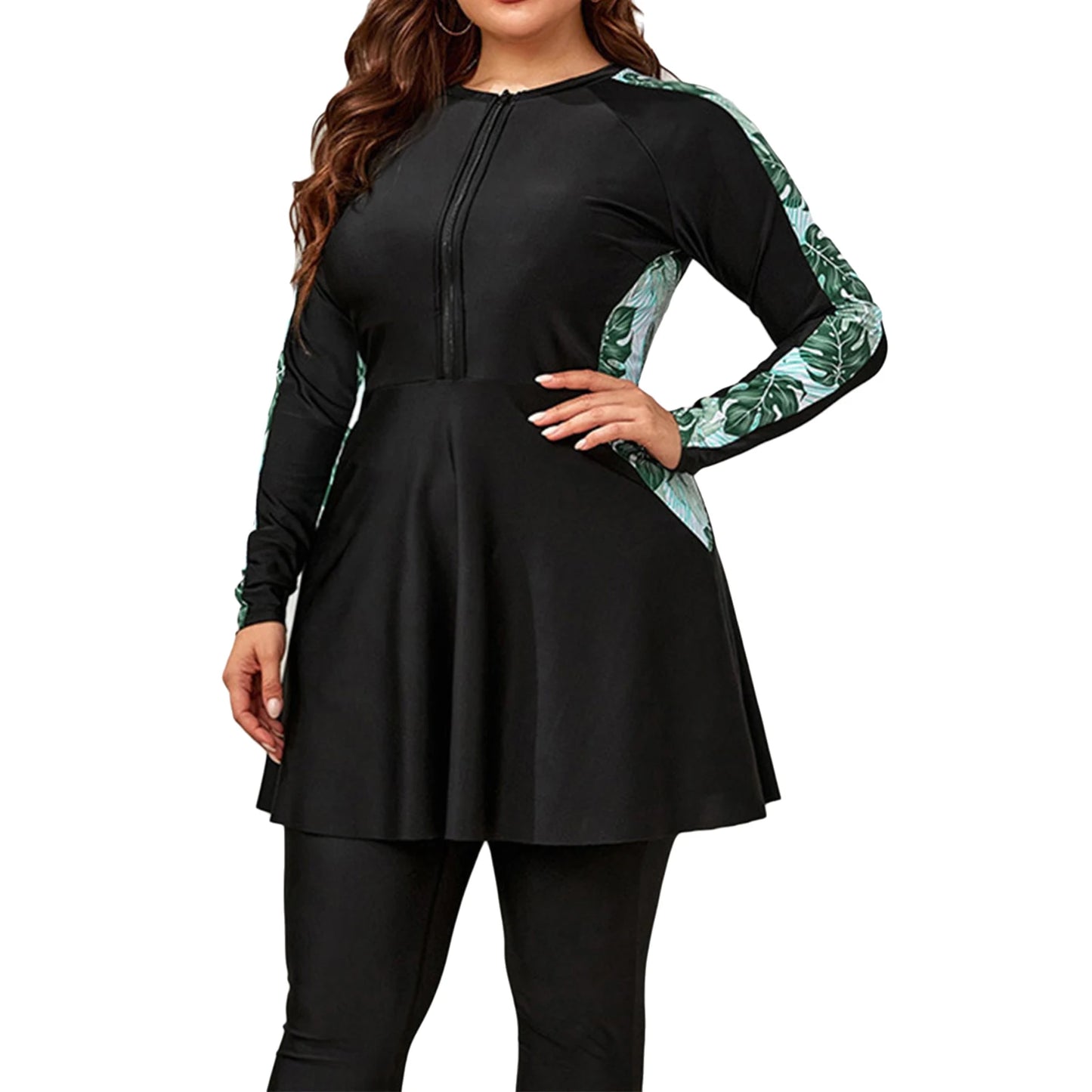 Women Plus Size Two-Piece Swimsuit Long Sleeve Floral Print Zipper Dress with Leggings Swimwear Bathing Suit Rash Guard Wetsuit
