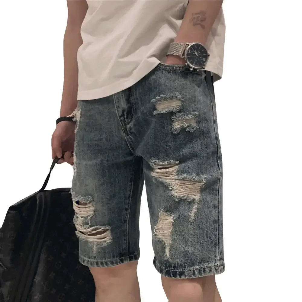 Man Denim Shorts Ripped Straight Trend 2024 Short Jeans Pants for Men New in Popular Xl Blue Y2k Fashion Cowboy Original Sale