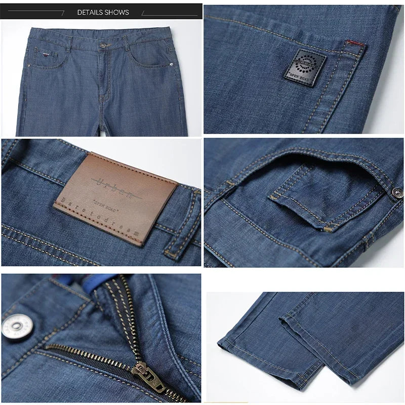 TFETTERS 2025 Summer Pants Men Jeans New Thin Soft Breathable Mid Straight Regular Black Jeans Trousers Work Vintage Men Jeans