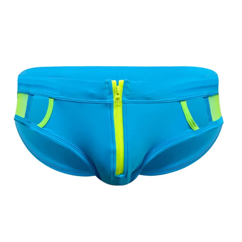 Front Zipper Triangle Swimsuit Print Swim Trunks Low Waist Swimwear Men Sexy Boxers Running Sports Briefs Beachwear Swim Trunks