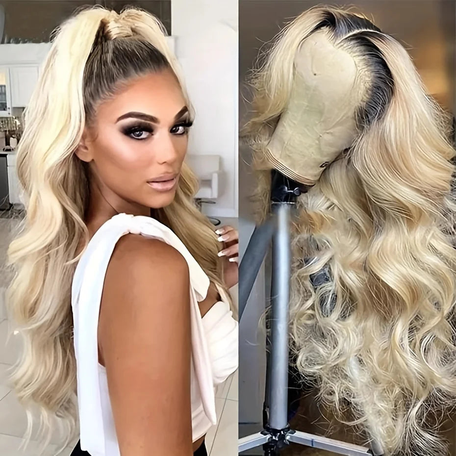 1b613 Blonde Wave13×4 lace Front human hair Wigs Ombre 613 Blonde Wavy Wig for Women 22 inch for Daily Party Cosplay