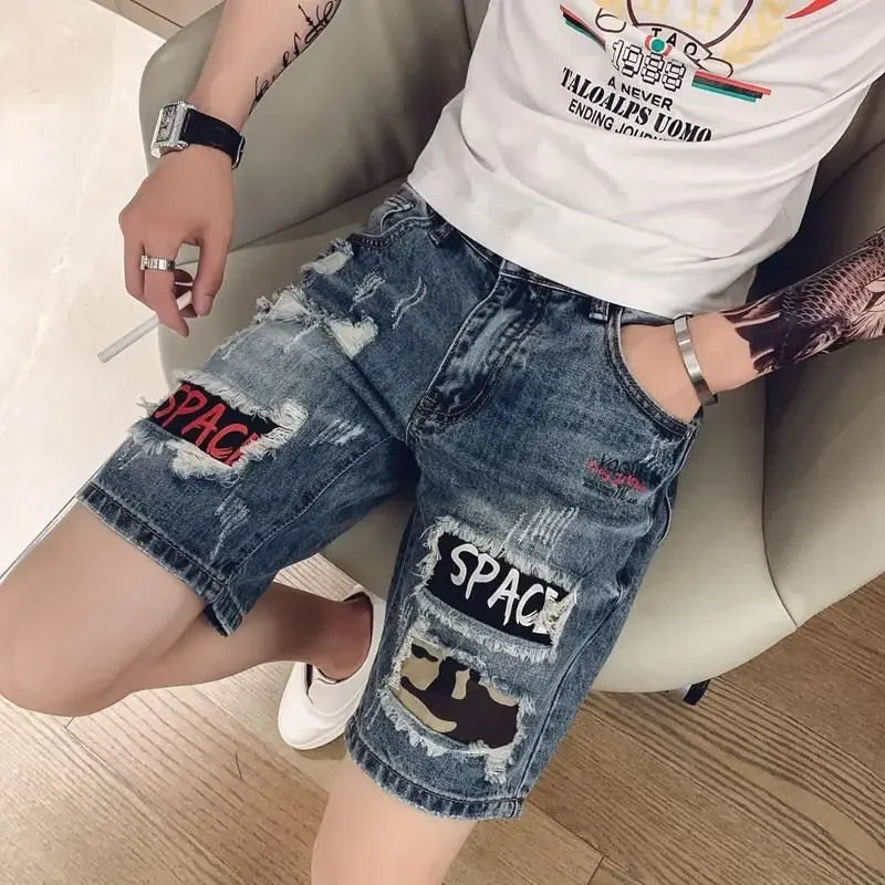 Man Denim Shorts with Text Straight Ripped Camouflage Short Jeans Pants for Men Original Thin Korean Fashion Cut Popular Summer
