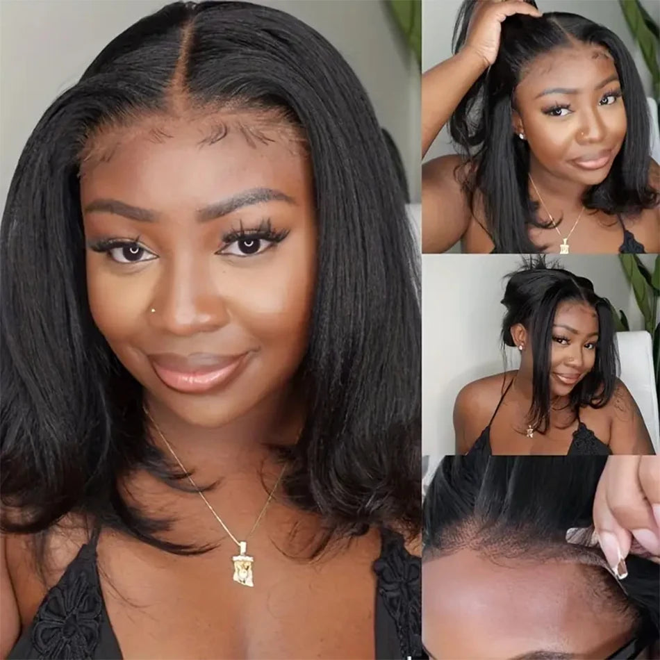 12A Kinky Straight Bob Wig Lace Front Human Hair Wigs For Women Transparent Full Lace Frontal Wig Glueless Wig Yaki Human Hair