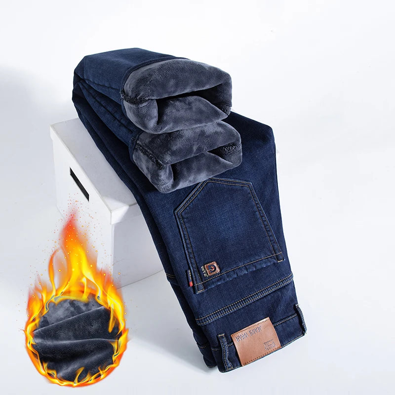 HIQOR Winter Fleece Thick Jeans Men Business Casual Straight Trousers Male Classic Blue Black Jeans For Men Work Denim Man Pants