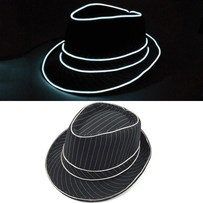 Halloween Christmas EL Wire Light Up Sequin Jazz Hat Adult Neon LED Luminous Festival Party Dress Up Cap For Men and Women