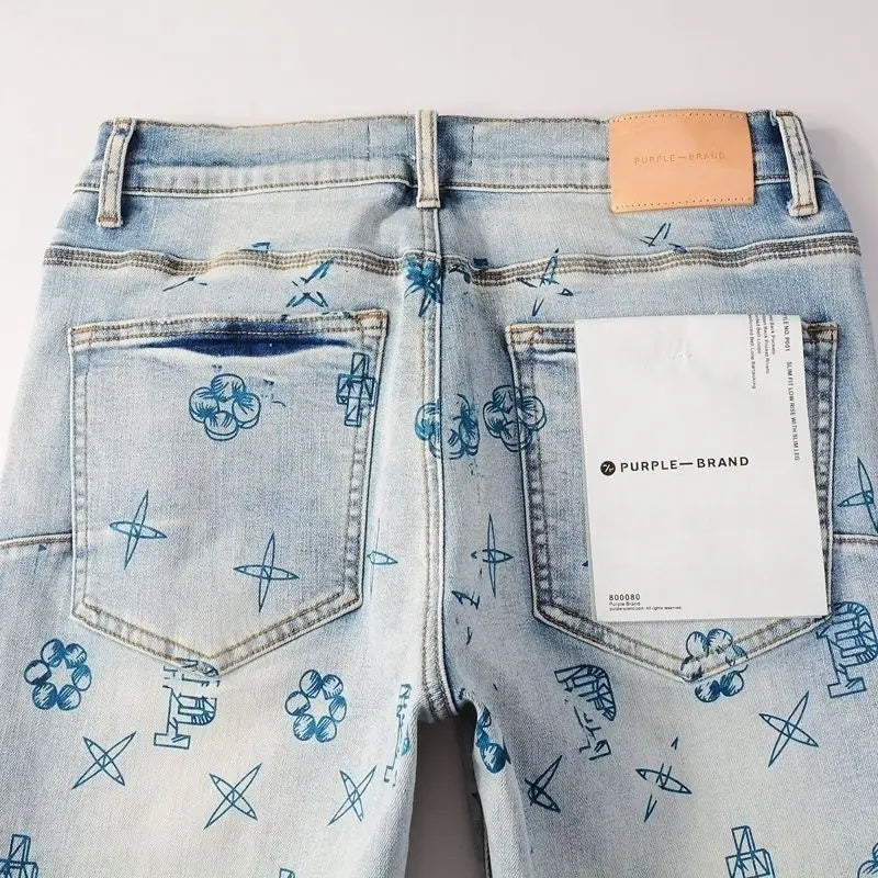 Purple new slim-fit hand-painted printed pants light blue trendy men's jeans casual pants