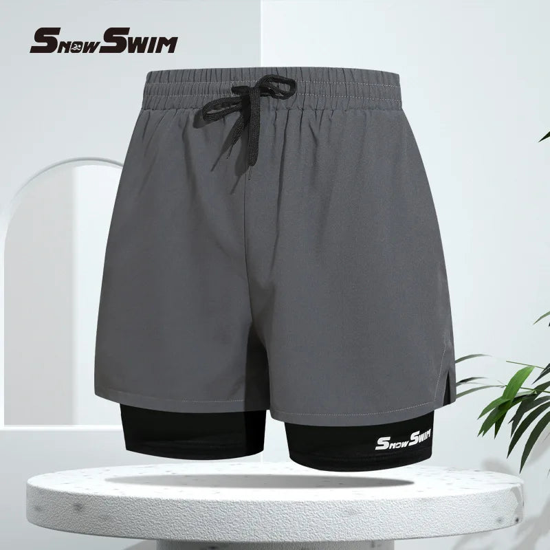 Men's Double-layer Swim Trunks Flat Angle Adult Quick-drying Anti-embarrassment Swim Trunks Beach Pants Spa Swimming Kit