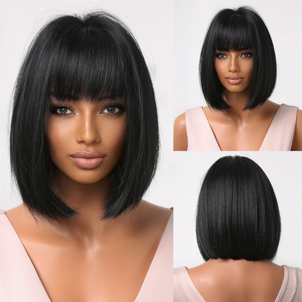 Short Wine Red Synthetic Wigs Straight Hair Wig with Bangs Bob Hair for Black Women Afro Cosplay Party Heat Resistant Wigs