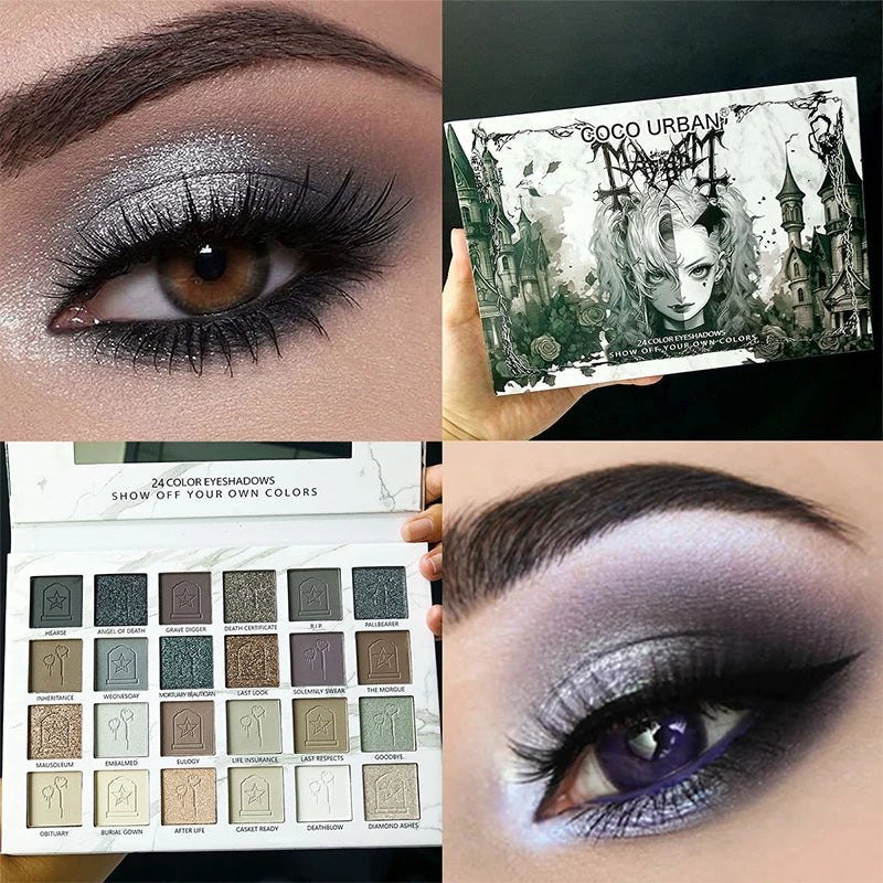24 Color Matte Eye Shadow Plate Halloween Gothic Punk Style Black Sequin Eye Shadow Palette Lasting Makeup Cool Girl Eye Shadow