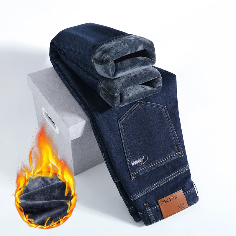 HIQOR Winter Fleece Thick Jeans Men Business Casual Straight Trousers Male Classic Blue Black Jeans For Men Work Denim Man Pants