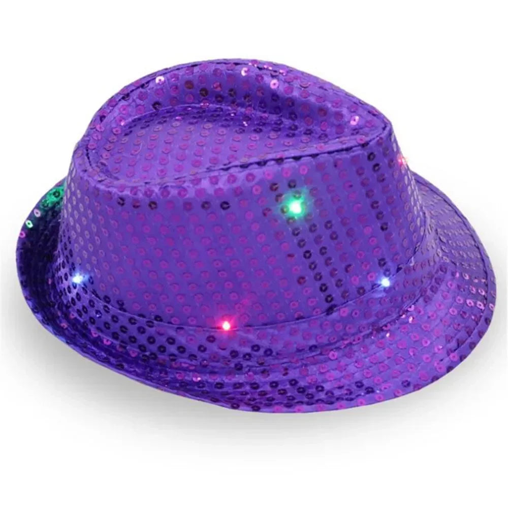Woman Men Kids LED Light Up Sequin Fedora Jazz Hat Cap Gift Necktie Tie Neon Glow Party Bar Birthday Costume Wedding Festival
