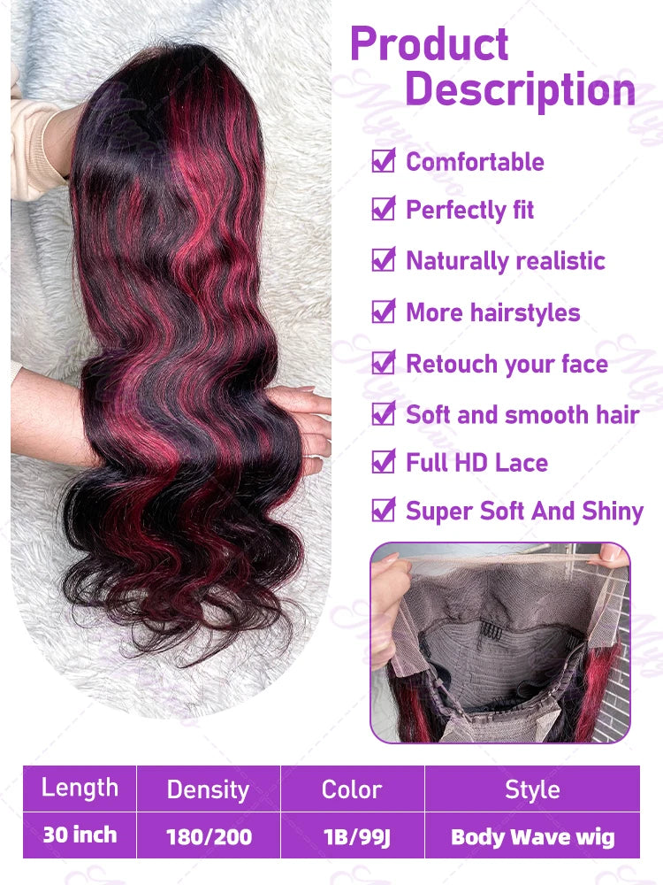 1b/99j Burgundy Highlight Body Wave 13x4 HD Lace Front Human Hair Wig Brazilian 30 32 Inch Colored 13x6 Lace Frontal Wigs 200%