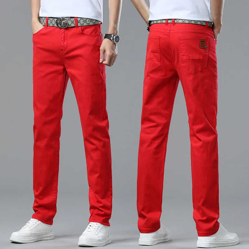 Men's Yellow Red Jeans Brand Jeans Cotton Stretch Slim Straight Casual Denim Pants Fashion Work Denim Trousers Four Season
