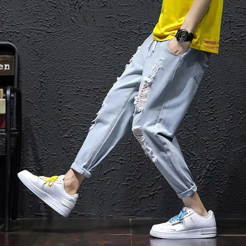 Male Cowboy Pants Oversize Summer Cropped Ripped Men's Jeans with Holes Broken Torn Plus Big Size Trousers Korean Fashion Cheap