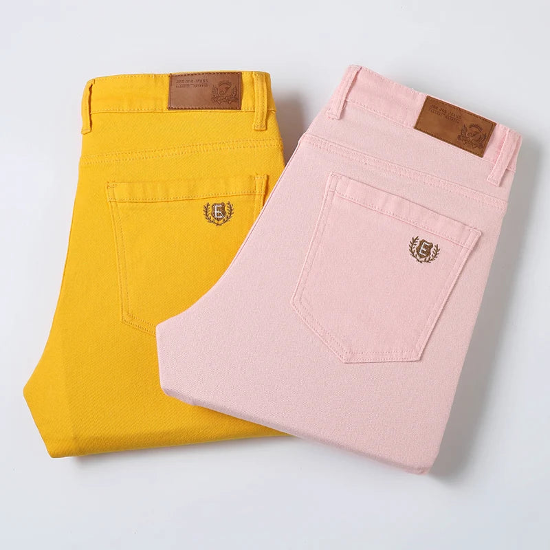 Men's Casual Stretch Slim New Jeans Solid color Business Fashion Casual Jeans Korean Straight Yellow Pink Red Male Clothing