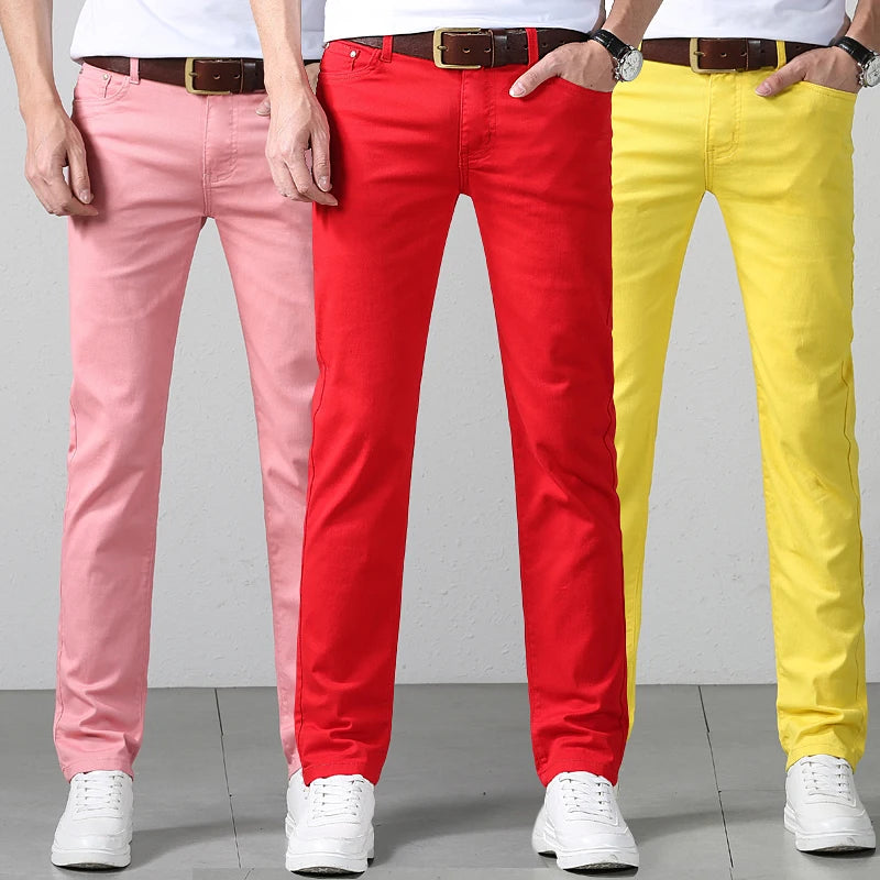 Men's Colorful Denim Stretch Comfortable Jeans New Elastic Yellow Pink Red Slim Male Clothing Simple Business Denim Trousers